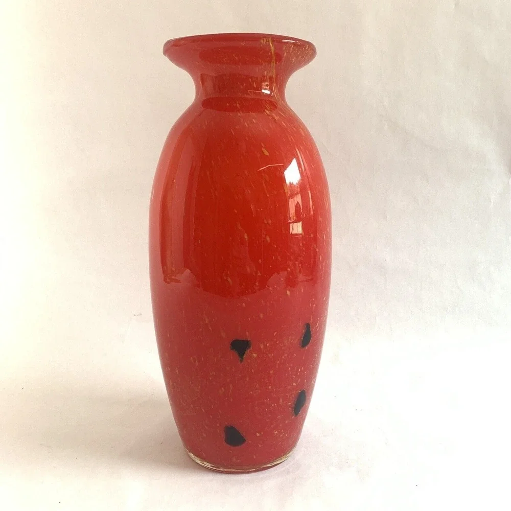 Large Glass Vase Red Gold Fleck Handmade Holiday Christmas Decor Gift Modern